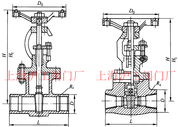 Z11H、Z11Y 型 PN25~PN160 钢制内螺纹楔式闸阀外形及结构尺寸示意图