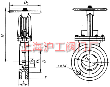PZ73H、PZ73F、PZ73Y 型手動(dòng)刀型閘閥（刀閘閥）外形及結(jié)構(gòu)尺寸示意圖