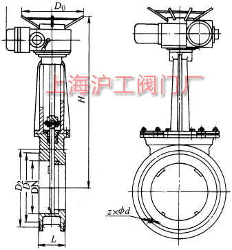 PZ973H、PZ973F、PZ973Y 型电动刀型闸阀（刀闸阀）外形及结构尺寸示意图