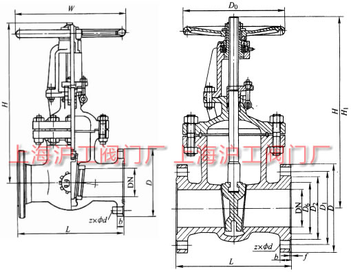 Z41H、Z41Y、Z41W 型 PN16~PN200 鋼制楔式閘閥外形及結(jié)構(gòu)尺寸示意圖