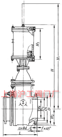 PZ641H 型 PN16~PN63 气动钢制排渣闸阀主要外形及结构尺寸示意图