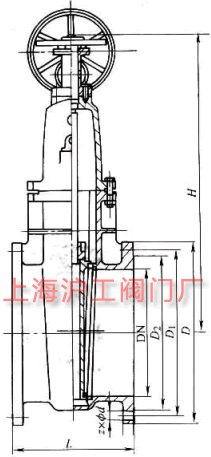 Z45T-10、Z45T-16Q 型暗杆楔式单闸板闸阀主要外形及结构尺寸示意图