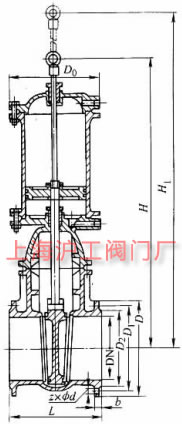 Z641T-10 型气动楔式闸阀主要外形及结构尺寸示意图