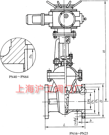 Z941H、Z941Y、Z941W 型 PN16~PN63 电动楔式闸阀主要外形及结构尺寸示意图