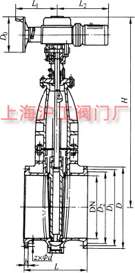 Z945T、Z945W 型 PN6、PN10 型铸铁电动暗杆楔式闸阀主要外形及结构尺寸示意图